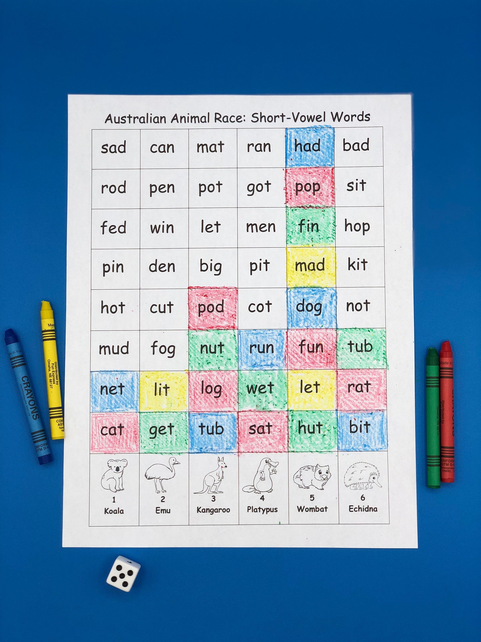 Australian Animal Race Short Vowel Sound Game